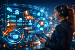 Profissional usando painel digital de Automação de Atendimento no WhatsApp para escalar suporte empresarial com qualidade.