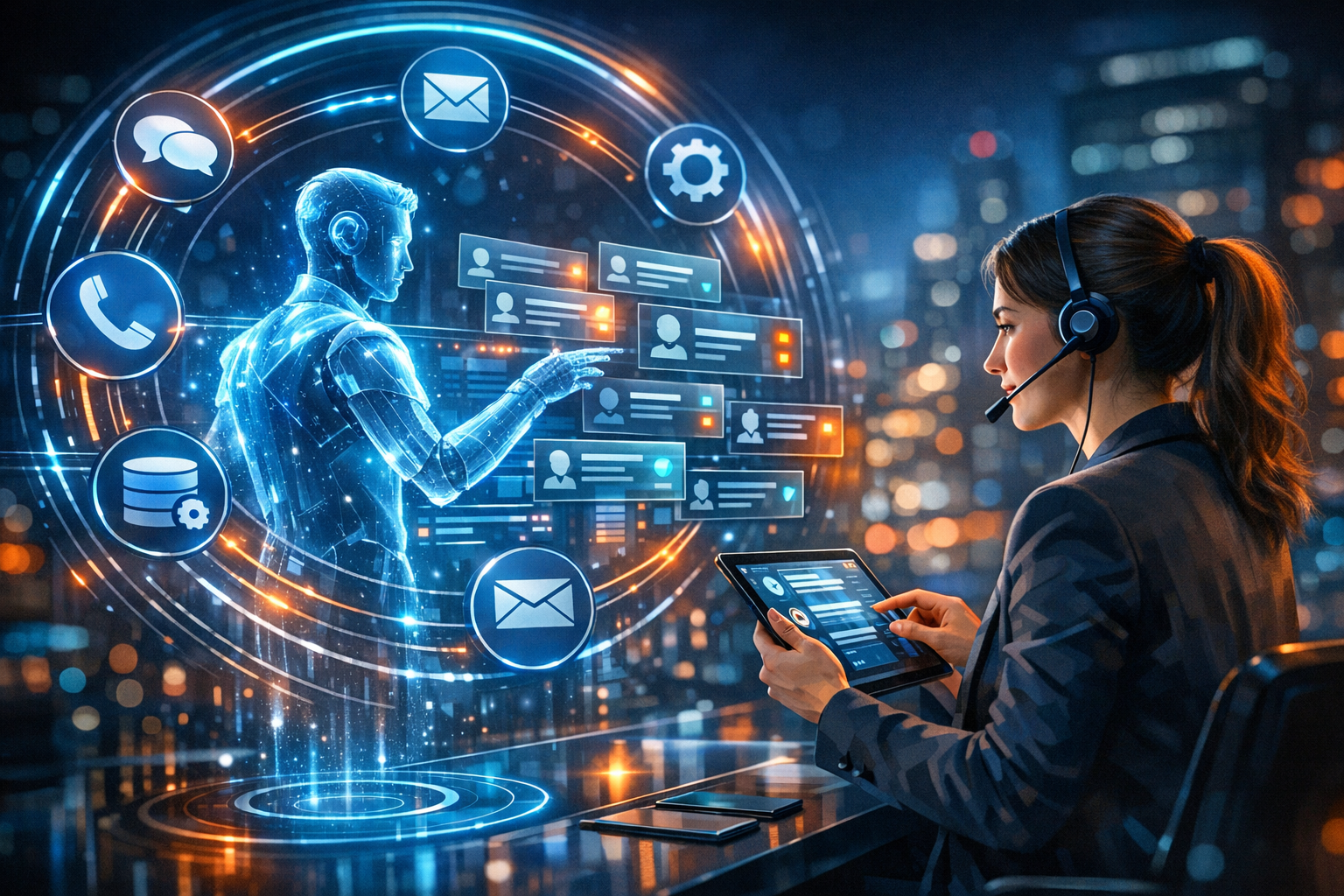 Profissional e IA colaborando em painel digital de atendimento humano e automação integrados para escalar com qualidade.