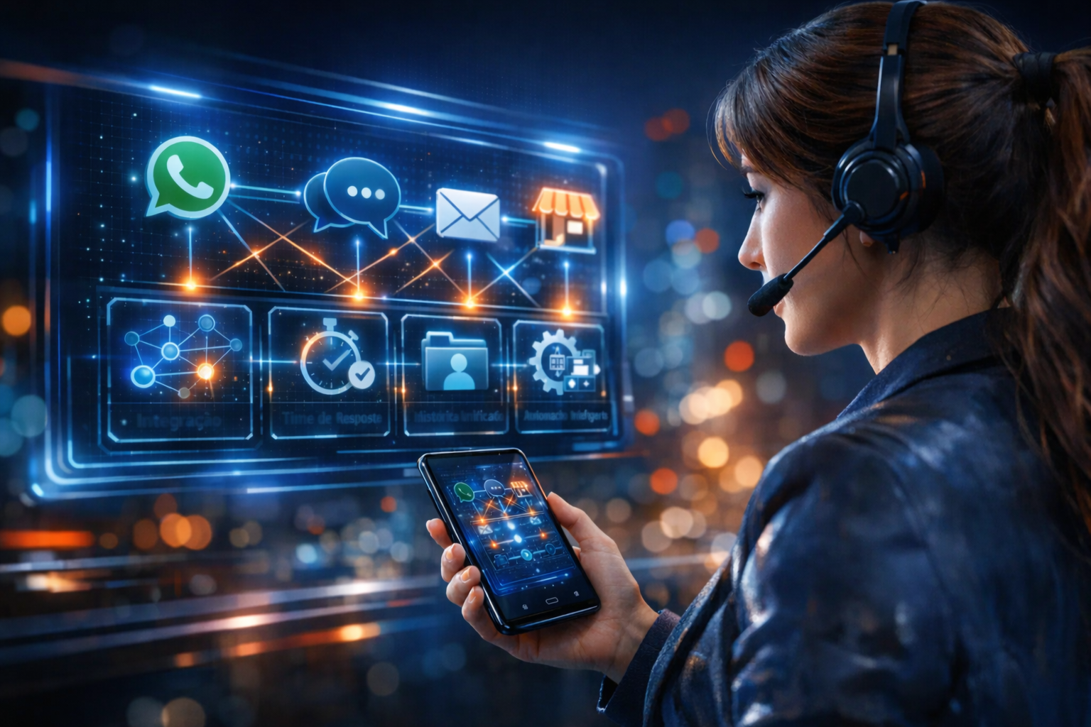 Especialista avaliando atendimento omnichannel em painel digital com canais integrados e critérios de escolha.", "descricao_imagem": "Imagem futurista representando como escolher atendimento omnichannel com análise de canais integrados, automação, SLA e experiência do cliente.