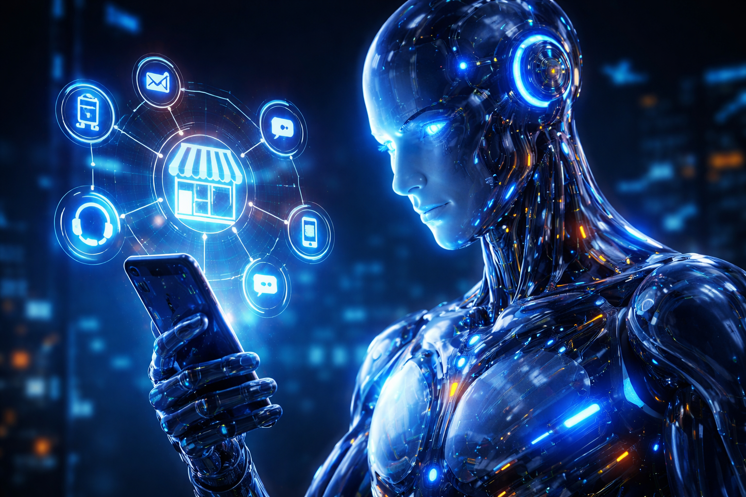 Robo futurista analisa canais conectados para definir estrategia omnichannel com foco na jornada do cliente", "descricao_imagem": "Imagem futurista para o tema como escolher omnichannel, com representacao visual de canais integrados e tomada de decisao estrategica para unificar a jornada do cliente.