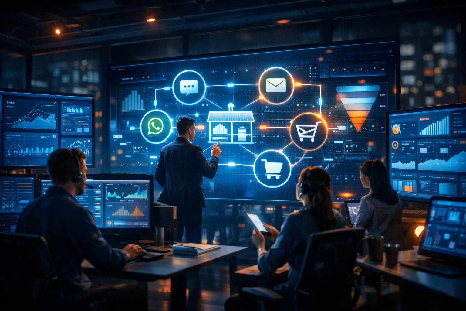 Profissional de atendimento usa painel digital para mostrar omnichannel como funciona na integração de canais de venda.