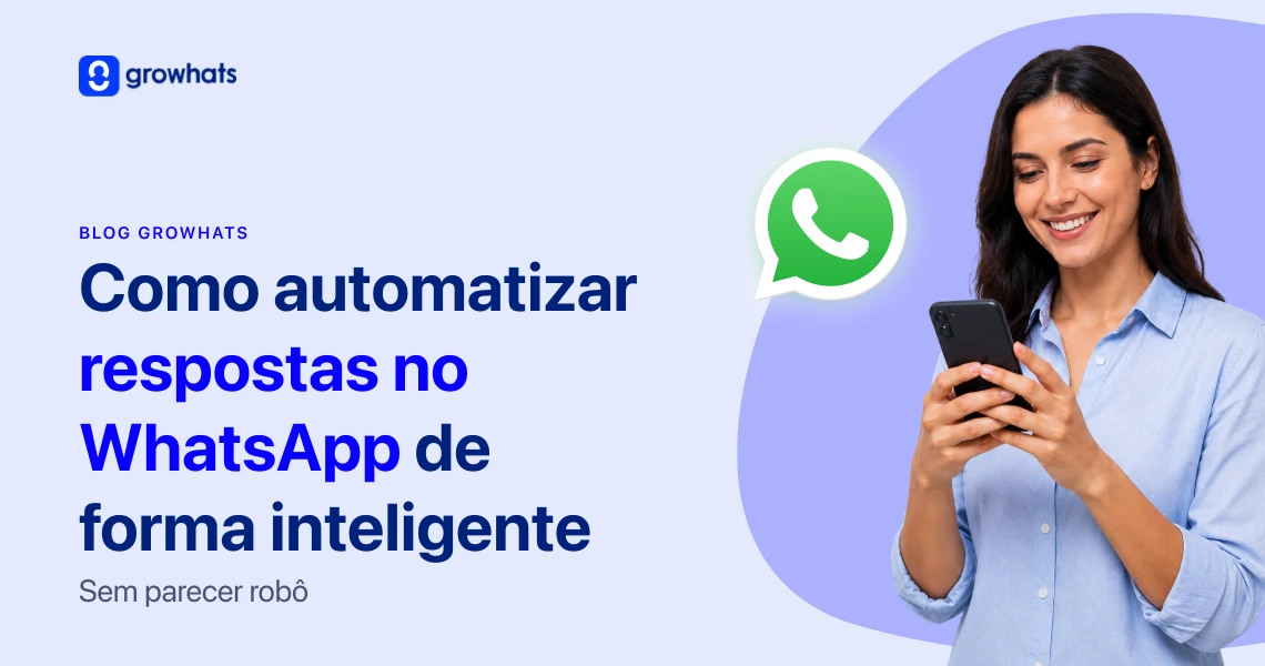 Ilustração 3D de um robô amigável ao lado de um celular com o logo do WhatsApp e balões de mensagem, simbolizando como automatizar respostas no Whatsapp.