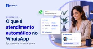 Imagem do blog Growhats sobre atendimento automático no WhatsApp. Mostra o título do artigo, balão de mensagem, painel com dados de qualificação de leads (produto, orçamento, região) e uma mulher sorrindo ao notebook trabalhando em seu escritório.