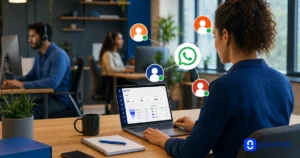 Equipe de atendimento utilizando um notebook conectado ao WhatsApp, ilustrando múltiplos atendentes gerenciando conversas pelo mesmo número.