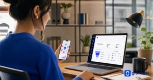 Pessoa utilizando um smartphone e acompanhando um painel de gestão de leads e atendimento no notebook em um escritório.