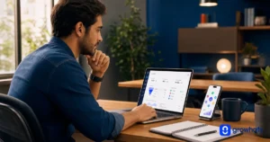 Profissional analisando dashboard de atendimento e vendas em plataforma SaaS omnichannel no notebook e smartphone.