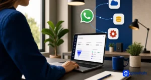 Pessoa utilizando um notebook com dashboard enquanto integra a API Oficial do WhatsApp Business a sistemas de CRM, ERP e serviços em nuvem.