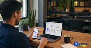 Pessoa utilizando um smartphone e um notebook com painel de métricas de atendimento em um ambiente de escritório moderno.