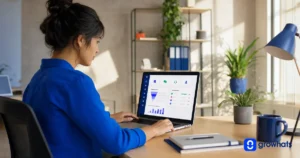 Profissional utilizando uma plataforma white label de atendimento em um notebook com painel de métricas e gestão de conversas.