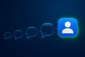 Ilustração em fundo azul com ícones de balões de conversa em linha e um ícone de usuário em destaque dentro de um quadrado com borda luminosa, sugerindo comunicação e atendimento.
